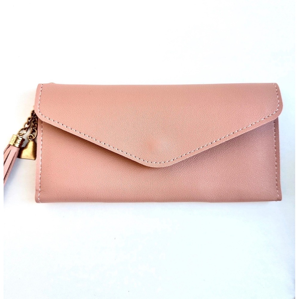 Womens Dusty Pink Vegan Leather Envelope Trifold Wallet Heart Tassel Charm